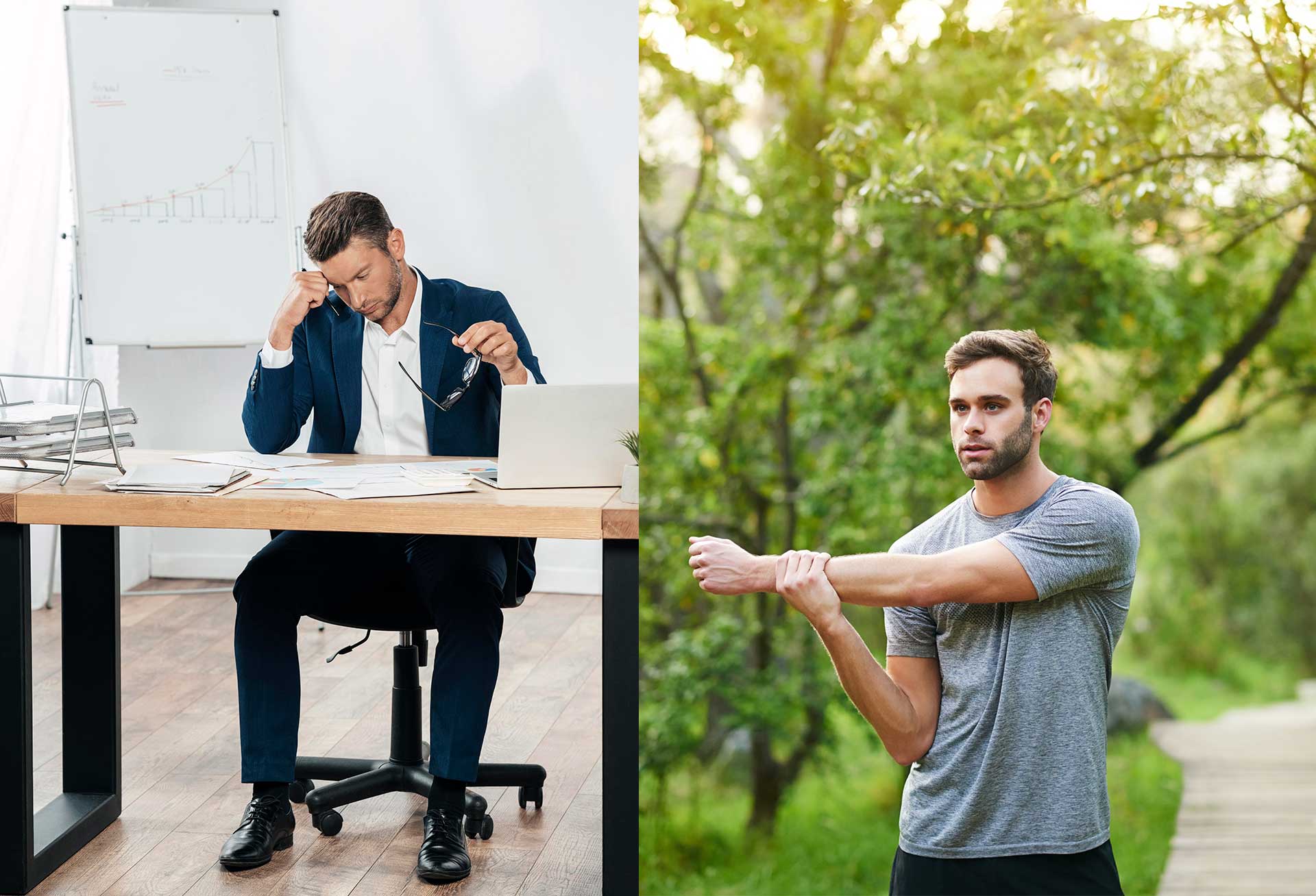 Stressed Australian worker at desk vs. energized person outdoors